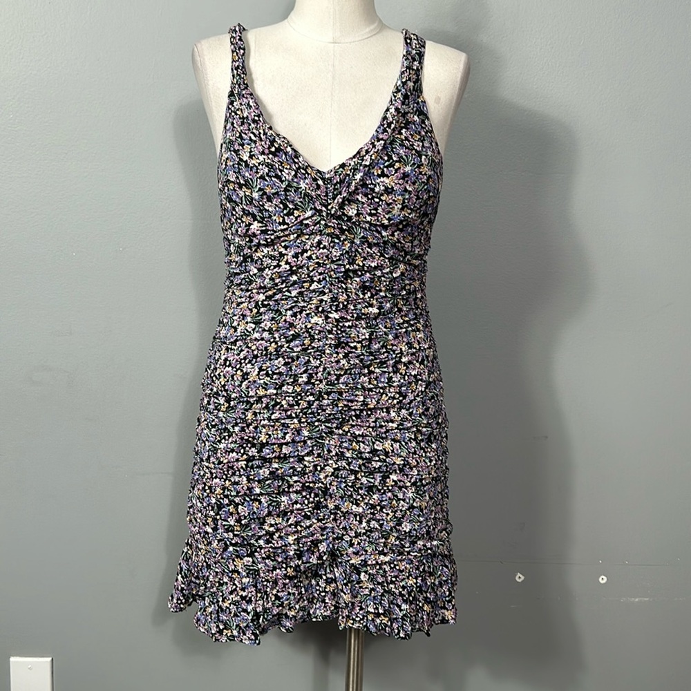 ASTR The Label Black Purple Floral Ruched Mini Dress Size M